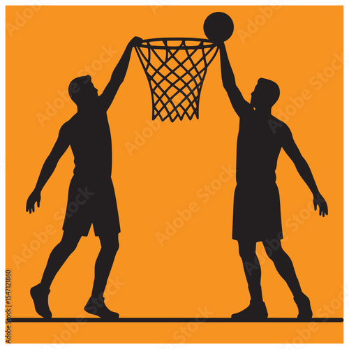 Silhouetted basketball players action shot dunking the ball in orange background
