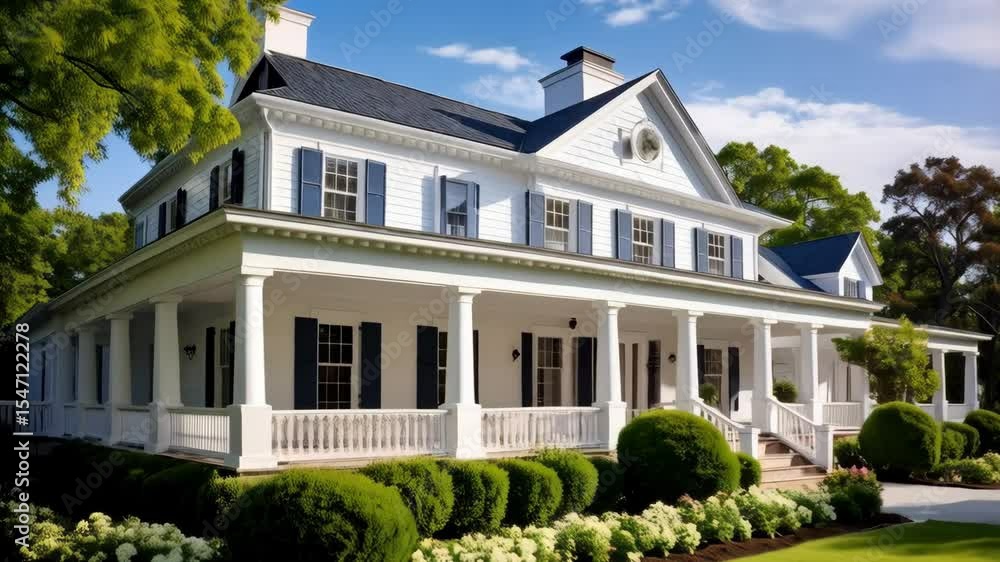 Elegant white home with blue shutters and extensive porch, landscaped lawn with manicured bushes and green trees against a bright blue sky Elegant white home with blue shutters and extensive porch, landscaped lawn with manicured bushes and green trees against a bright blue sky