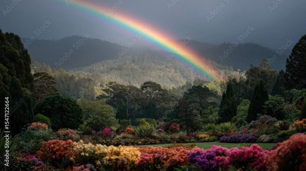 Obraz premium A Bright Rainbow Stretching Over A Flower Garden