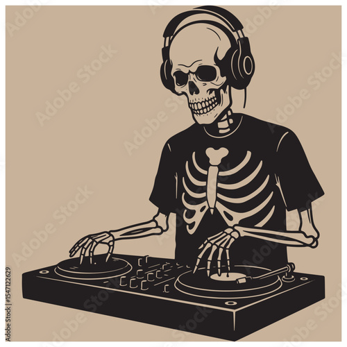 Spooky skeleton dj playing music with turntables in vector illustration for halloween