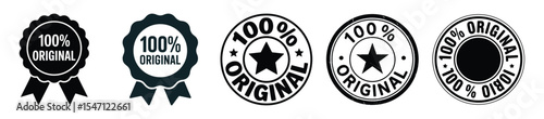 Five 100 percent original badges isolated on white background