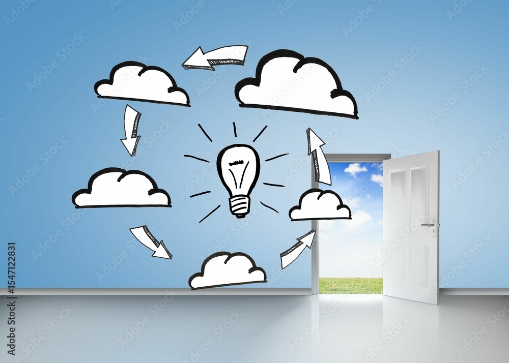 Obraz premium Brainstorm on blue wall with open door