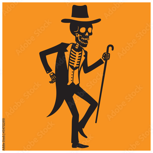 Stylish silhouette of a skeleton gentleman in formal attire walking with cane