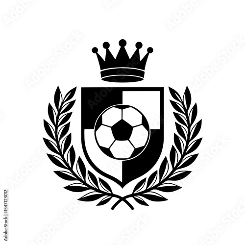 A classic and dignified crest or logo design featuring a soccer ball at the center of a shield, encircled by a laurel wreath, and topped with a crown. 