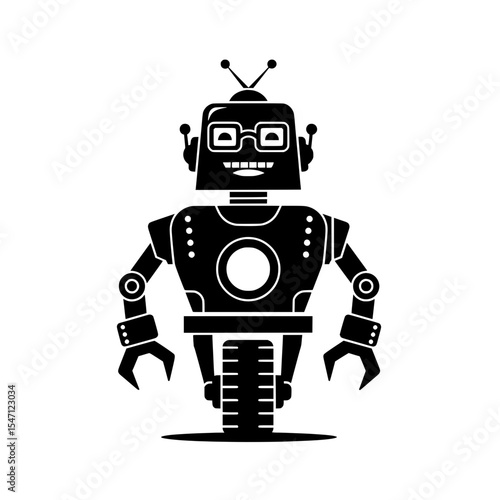 Robot character with classic design, equipped with antenna, eye like glasses, friendly smile, and one wheel as a leg. Vector Illustration