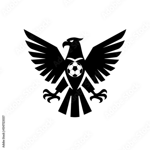Vector illustration of a black eagle emblem or logo with a football on its chest, symbolizing strength, courage, speed, and the spirit of sportsmanship in football. 