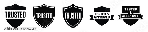 Set of trusted and tested approved shield badges isolated on white background
