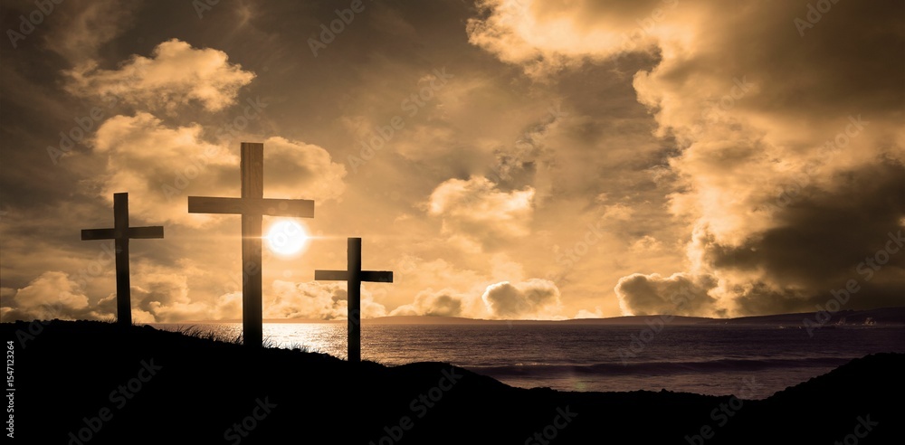 Obraz premium Cross religion symbol shape over sunset sky