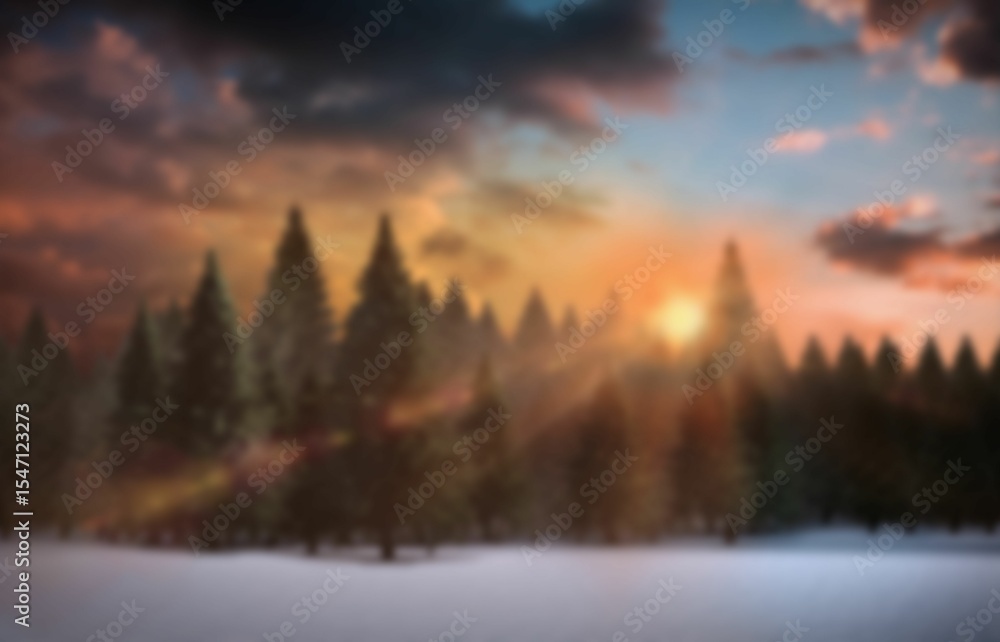 Obraz premium Row of evergreen trees is standing on snow clearing in flat design, with glowing sunset clouds