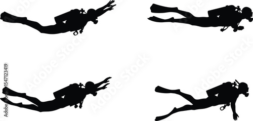 Silhouette of Scuba Divers Underwater, Swimming in Ocean Depths with Gear, Marine Exploration, Adventure Activity, Professional Diver Illustration, Perfect for Diving, Travel, Nature Concepts