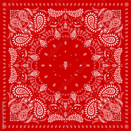Red Bandana Print. Hops Bunny space uranus planet bandana. paisley seamless pattern. flora, hops, rice, rabbit, lace, star. Silk neck scarf or kerchief square pattern design.