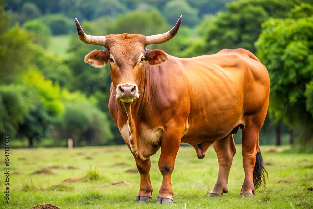 Red Brahman bull standing in a lush green pasture, summer day Red Brahman bull standing in a lush green pasture, summer day