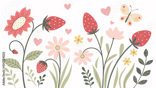 Wallpaper Mural Seamless floral pattern with spring flowers, leaves, and butterflies, a vibrant nature design illustration Torontodigital.ca