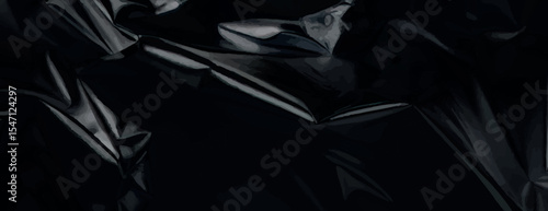 Dark black vector background with a glossy, crumpled texture. The background is dramatic and mysterious, featuring a black, shiny surface. Glossy shiny crumpled paper texture background vector