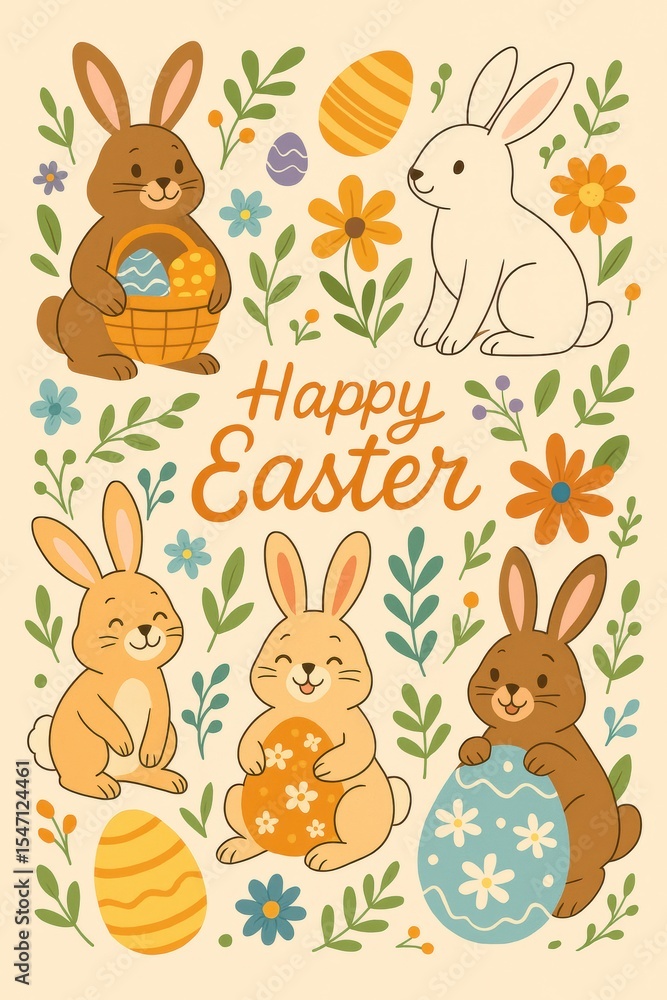 Cute Easter Bunnies and Eggs Illustration Cute Easter Bunnies and Eggs Illustration