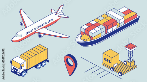 This set of cartoon vector transportation icons features various vehicles like trains, cars, buses, trucks, and ships for travel and city design