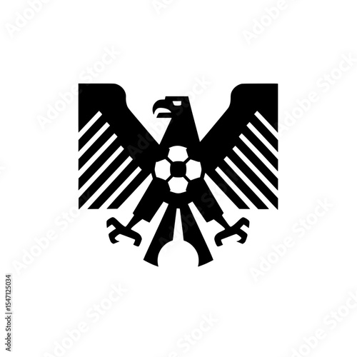 Vector illustration of a black eagle emblem or logo with a football on its chest, symbolizing strength, courage, speed, and the spirit of sportsmanship in football. 