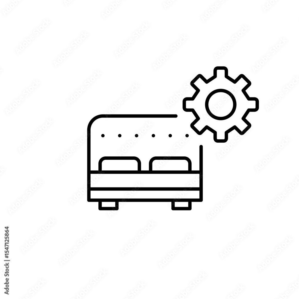 Double bed and cogwheel. Sleep environment settings, bedroom comfort control, mattress configuration, smart bed management, personalized rest optimization. Pixel perfect, editable stroke vector icon Double bed and cogwheel. Sleep environment settings, bedroom comfort control, mattress configuration, smart bed management, personalized rest optimization. Pixel perfect, editable stroke vector icon