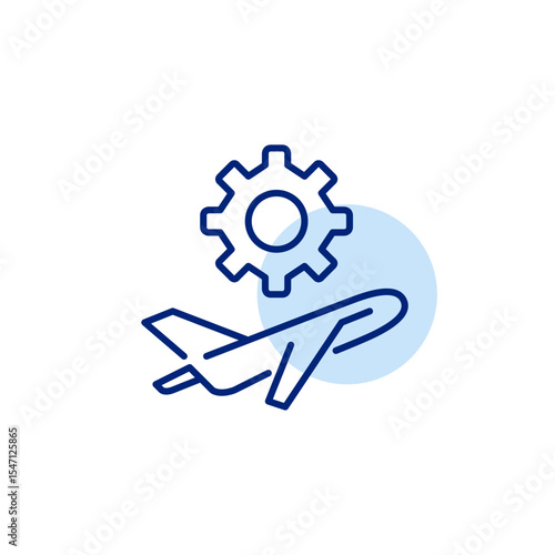 Airplane taking off and cogwheel. Maintenance, flight operations setup, aircraft system tuning, aviation technology settings, mechanical flight control. Pixel perfect, editable stroke vector icon