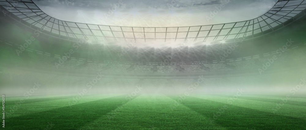 Obraz premium Flat design art is showcasing grass field with seating tiers under curved roof trusses, floodlights