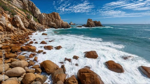 Coastal Serenity: Rugged cliffs meet the rhythmic embrace of the ocean waves, a symphony of nature's artistry. Rocky shore, blue ocean, and the dramatic sky create a perfect moment.