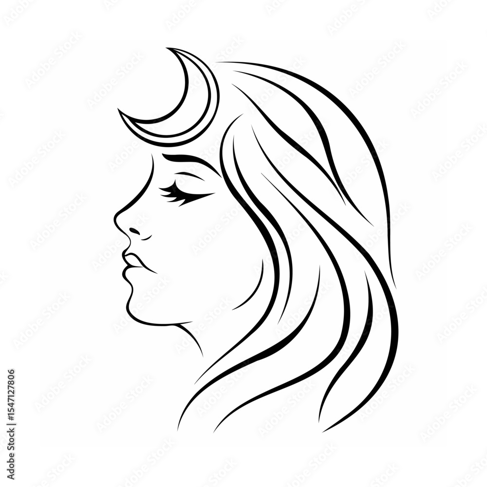 Woman Profile Line Art Crescent Moon Hair vector Woman Profile Line Art Crescent Moon Hair vector