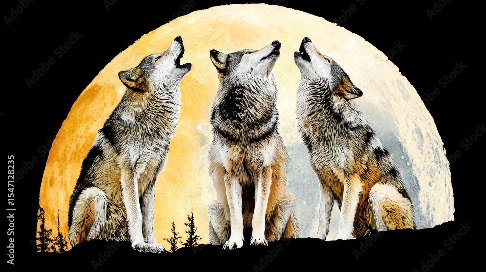 Fototapeta Liberation Gathering Loyalty Style. Three wolves howling at a full moon under a dark sky.