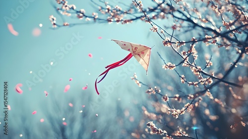 Paper kite, Kite, Spring, Paper Kite Flying in Spring Blossoms