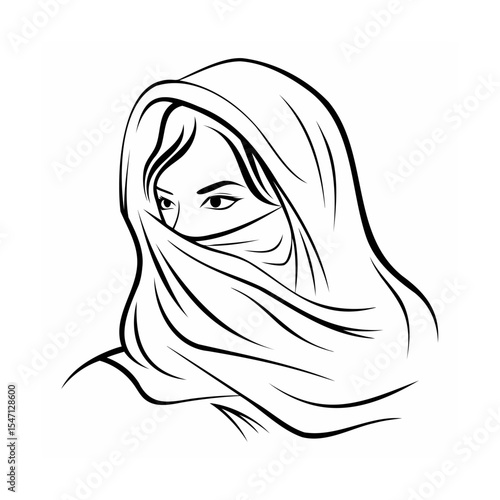 Woman Wearing a Headscarf Line Art Black and White Illustration