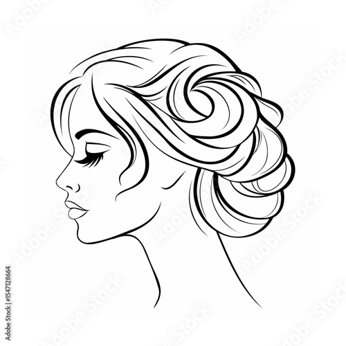 Black and White Line Drawing Woman Profile Elegant Updo Hairstyle