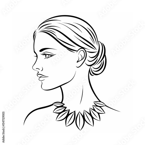 Black and White Line Drawing Woman Profile Leaf Necklace 1