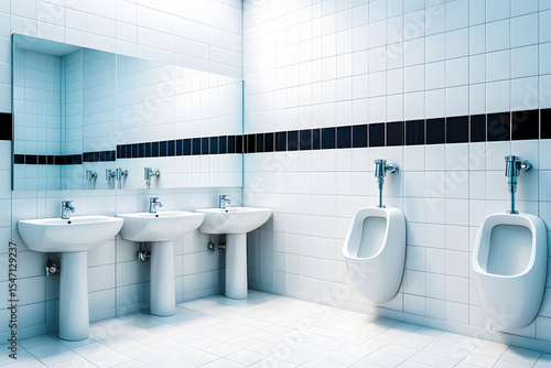 A Clean and Modern Public Restroom for Men Featuring White Tile and Minimalist Design with Urinals and Sinks for a Functional and Hygienic Environment
