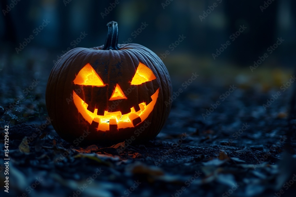 Glowing Carved Pumpkin on Dark Ground at Night Glowing Carved Pumpkin on Dark Ground at Night