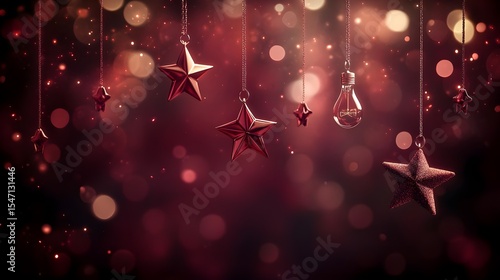 Christmas, Holiday, Decoration, Festive Red Stars and Lightbulb Ornaments Hanging Against a Sparkling Background