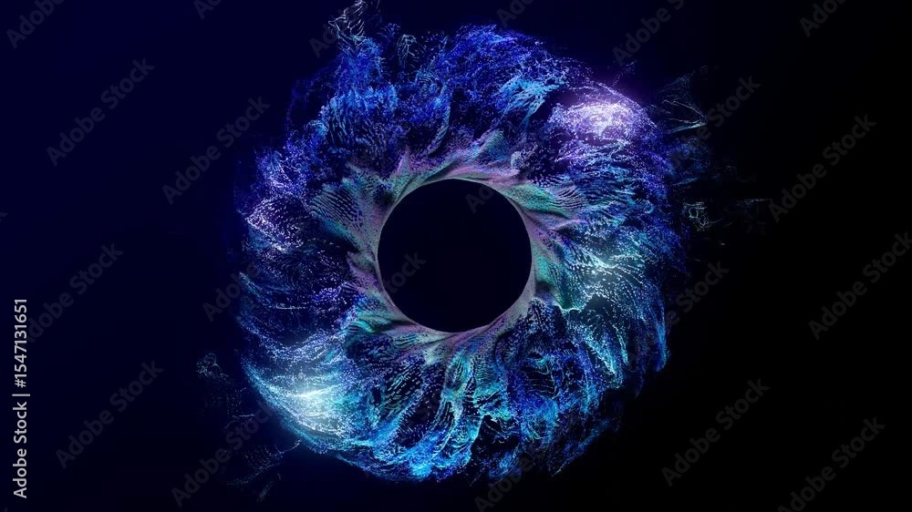 3d render of abstract art video animation with surreal ring circle as flower emit small particles around in wavy liquid splash pattern in glowing neon blue and purple color on dark blue background
