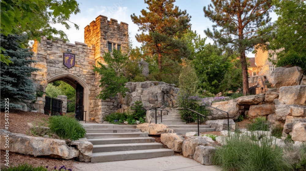 Fototapeta premium Pride Framed Institution Type. Stone archway surrounded by greenery and stairs in a serene outdoor setting.