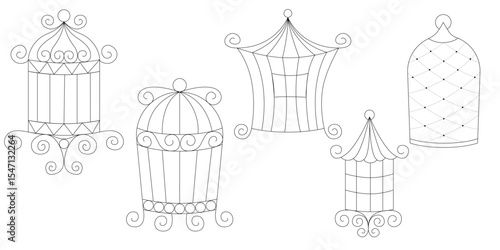 Metal bird cages vector set in doodle hand drawn style line art illustration of sketchy pet bird cages collection for minimalist and vintage home decor