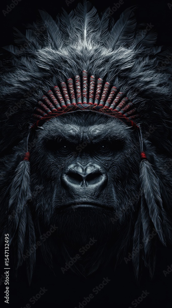 Gorilla wearing a headdress adorned with feathers. Gorilla wearing a headdress adorned with feathers.