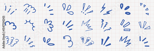 A collection of blue hand-drawn doodles on graph paper. Includes exclamation marks, arrows, and squiggles. Doodles add a playful touch to designs. Colorful doodle elements, vector set.
