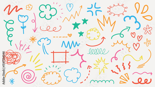 Colorful doodles with arrows, stars, and hearts. Doodles include squiggles, arrows, and stars. Vibrant doodles with hearts and arrows on a white background. Colorful doodle elements, vector set.