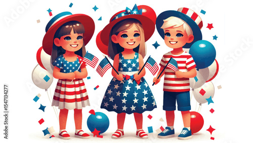 Children in Red, White, and Blue, Three children holding mini American flags