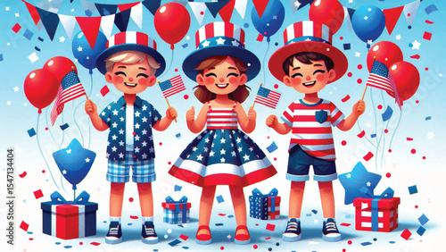 Children in Red, White, and Blue, Three children holding mini American flags