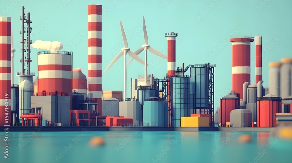 Obraz premium Low poly, Industrial, Complex, Low Poly Industrial Complex by the Sea with Wind Turbines