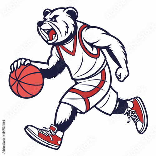 Cartoon Bear Mascot Dribbling Basketball in Red and White Uniform.