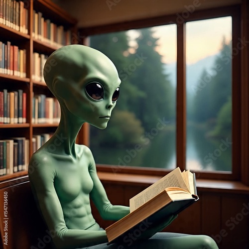 Alien is reading a book