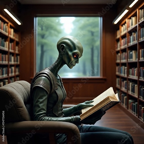 Alien is reading a book