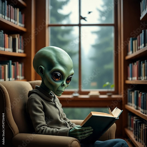 Alien is reading a book