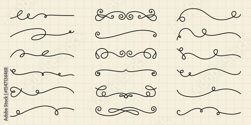 Elegant swirl dividers in black, featuring various decorative swirls, curls, and lines. Swirl designs perfect for invitations, borders, and decorative accents. Hand drawn ornament vector set.