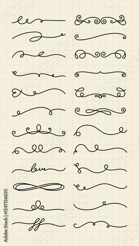 Elegant swirl dividers in black, featuring various decorative swirls, curls, and lines. Swirl designs perfect for invitations, borders, and decorative accents. Hand drawn ornament vector set.