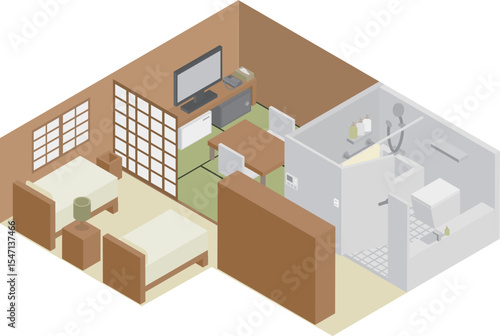 アイソメトリックなホテルの和洋室の客室のイメージ素材